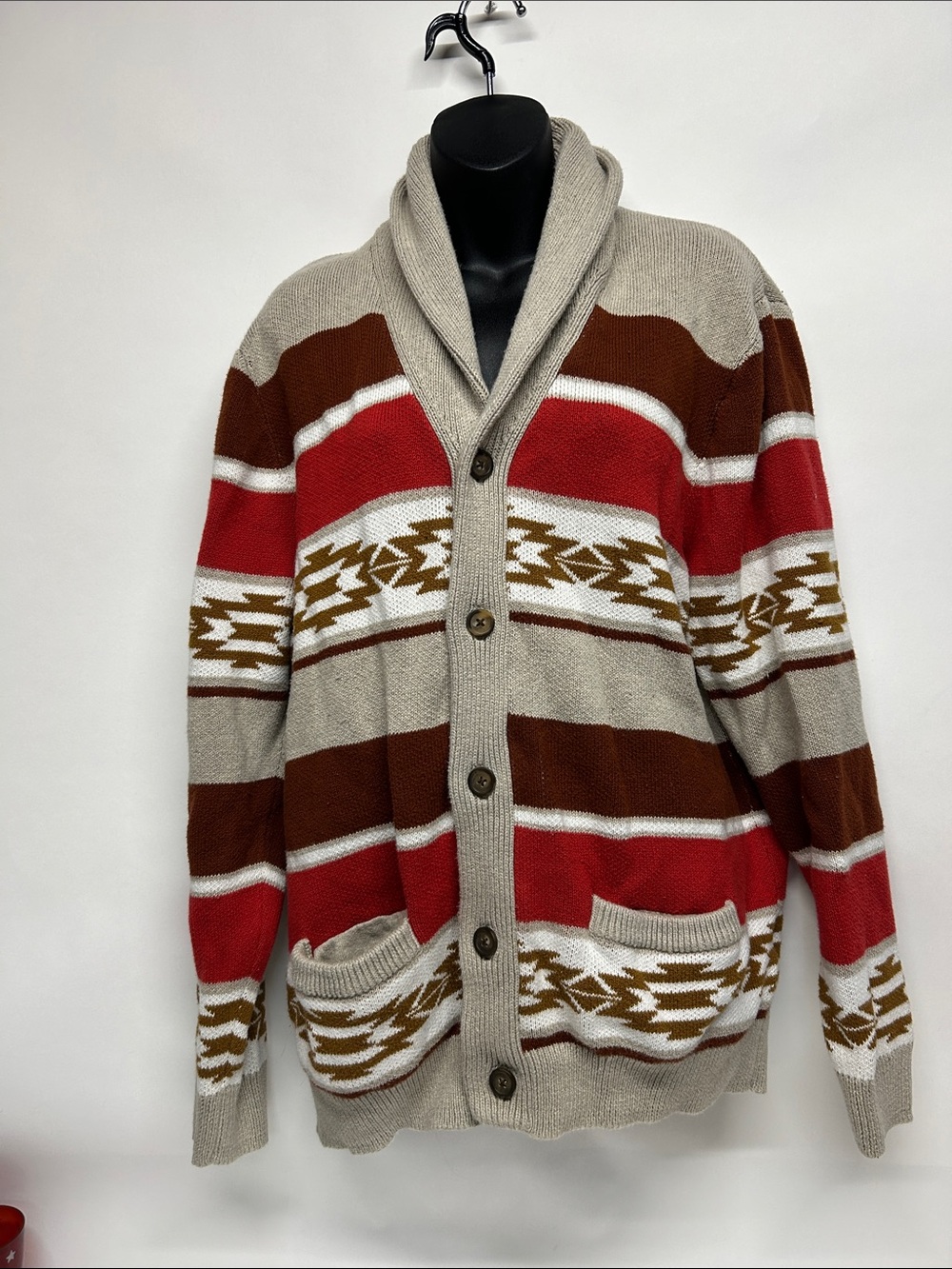 Sun + Stone Red and Cream Knit 100% cotton cardigan, electric grandpa professor